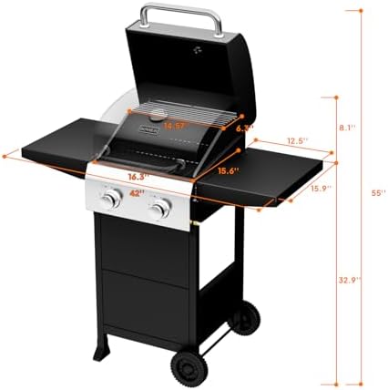 ROVSUN 2 Burner Propane Gas Grill with Foldable Side Shelves, 24000BTU BBQ Grills with Enameled Cast Iron Grates, Cabinet & Poratable Rolling Wheels for Outdoor Garden Patio Backyard Barbecue Cooking - Image 6