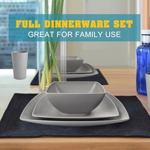 Teivio 32-piece Plastic Wheat Straw Square Dinnerware Set for 8, Unbreakable Dinner Plates, Salad Plates, Snack Bowls, Tumblers, Dishwasher Safe, Light Gray - Image 5
