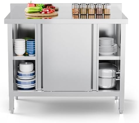 ROVSUN Stainless Steel Table with Cabinet 39" x 19",Commercial Pre Table with Backsplash, Heavy Duty with 2 Sliding Doors, Large Space Storage for Kitchen Restaurant Hotel Garage Warehouse by ROVSUN