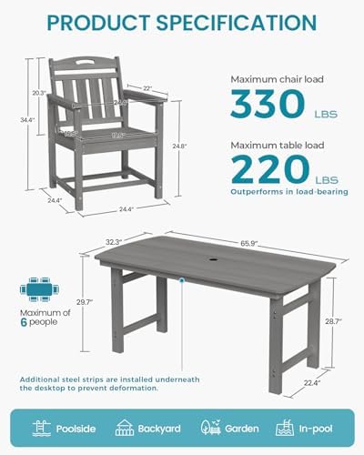 Ciokea HDPE Outdoor Patio Dining Table, All-Weather Furniture, Grey - Image 2