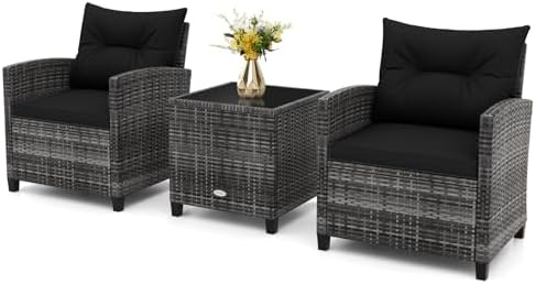 RELAX4LIFE 3 Piece Patio Furniture Set, Wicker Bistro Conversation Set w/2 Cushioned Armchairs & Glass Topped Table, Outdoor Rattan Sofa Set Patio Furniture for Porch Balcony Poolside (Grey-Black) by RELAX4LIFE