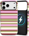 for iPhone 18 Pro Case, Magnetic Matte Frosted Dual-Layer Striped Phone Case for Women, Retro Aesthetic Cover Compatible with MagSafe Accessories - Berry Sage by YKCZL