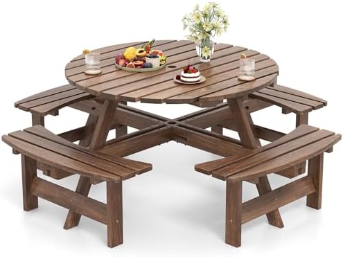 Giantex 8-Person Round Picnic Table Set with 4 Benches, 550 LBS Bench Capacity, 2" Umbrella Hole, Circular Outdoor Wood Dining Table & Chairs for Patio Yard Garden Porch Deck (71”x71”x28”,Brown) by Giantex