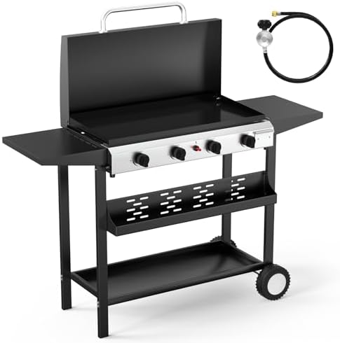 Bonnlo 40000BTU Propane Griddle with Lid and Ignition, Standing Flat Top Gas Grill with Storage Shelf and Portable Rolling Wheels, 4 Burner Camping Cooker for Patio Backyard Outdoor Cooking BBQ by Bonnlo