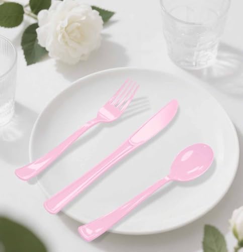 HEIPINIUYE 75 Pack Light Pink Plastic Cutlery Heavy Duty Baby Pink Plastic Knives Forks and Spoons Disposable Silverware Set for 25 Guest Camping Birthday Baby Shower Party Cutlery Set - Image 7