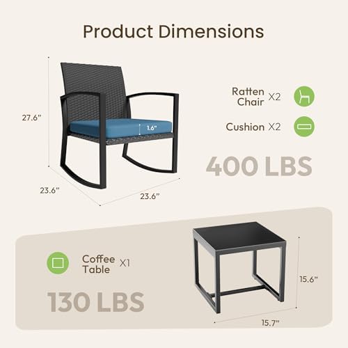 Rocking Patio Bistro Sets - All-Weather - 3 Piece Rattan Conversation Furniture Set, Wicker Outdoor Front Porch Chair for Balcony, Porch, Garden, Backyard, Poolside, Blue - Image 6