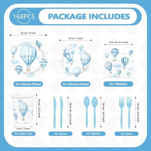 168Pcs Blue Hot Air Balloon Baby Shower Party Decorations, Serves 24 - Image 2