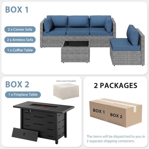Shintenchi 6 Piece Outdoor Patio Furniture Set with 43 Inch Propane Fire Pit, Washable Cushions, Glass Coffee Table, Waterproof Cover & CSA Certified for Backyard Poolside, Silver PE Rattan/Navy Blue - Image 7