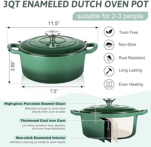 TeamFar Enameled Cast Iron Dutch Oven - 3QT Small Dutch Oven Pot with Lid - Image 2