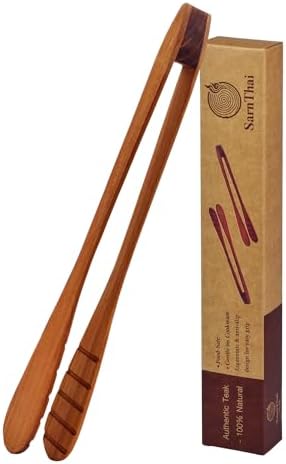 SarnThai Wood Tongs for Cooking, 12 Inch Handcrafted Teak Wood Toaster Tongs for Bread, BBQ, Meat, Salad, Pasta, Kitchen Serving by SarnThai
