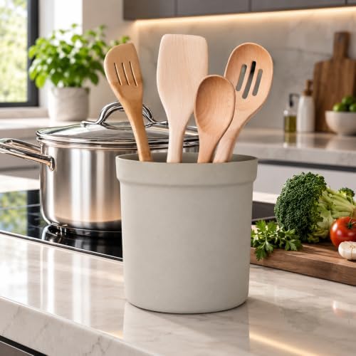 Oggi Silicone Utensil Holder for Kitchen Countertop, 6" x 6" Large Utensil Crock with Reinforced Rim, Food-Grade Unbreakable Silicone Kitchen Tool Holder & Countertop Organizer, Taupe - Image 3