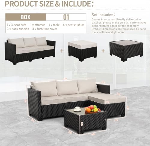 Oasishine Wicker Patio Furniture Patio Couch 3 Pieces Outdoor Sectional with Ottoman and Outdoor Glass Table Weathering Anti-Slip Cushions Furniture Covers, Khaki - Image 5