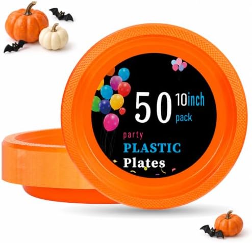 WELLIFE Orange Plastic Plates 10 Inch 50 Count Halloween Plates by WELLIFE