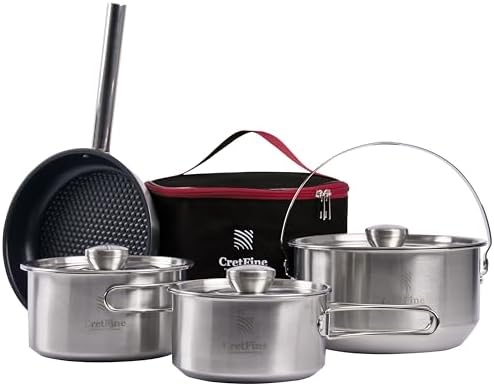 CompactKit Camping Cookware Set Stainless Steel Pots and Pan with Detachable Handle and Oxford Cloth Bag, for 4-8 Mess Kit with Utensils for Camp Kitchen, Picnic, BBQ, Traveling, Emergency by CretFine