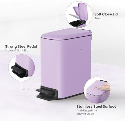 Cesun Small Bathroom Trash Can with Lid, 1.6 Gal, Soft Close, Purple - Image 4