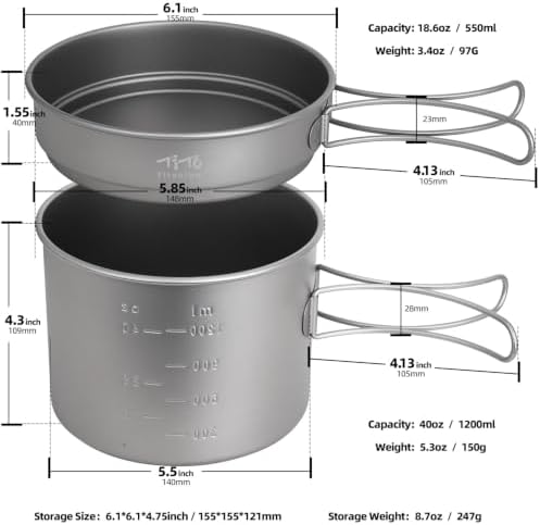 TiTo Titanium Pot and Pan 1200ml Camping Cookware Set with Folding Handle - Image 2