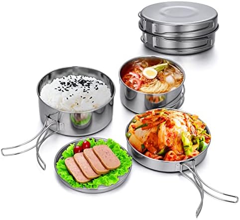 Lixada Camping Cookware Set, 4PCS Portable Stainless Steel Camp Cook Set, Lightweight Stackable Camping Pots and Pans Plate Set Camping Gear for Outdoor Backpacking Camping Hiking Picnic by WelconetoLixada