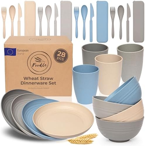 FOODLE Wheat Straw Dinnerware Set - RV, Camping Plates Cups and Bowls Set by FOODLE