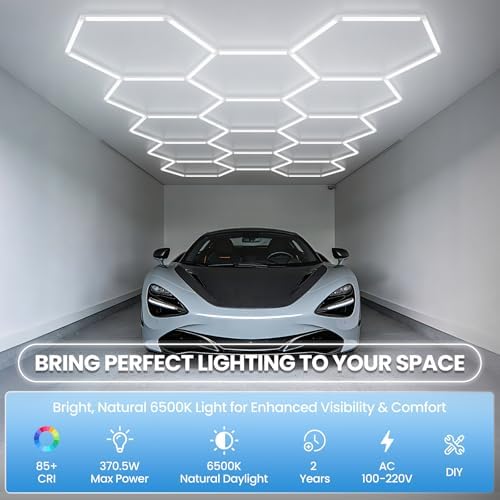 Hexagon Garage Light 370W 44460LM 6500K Ultra Bright LED Shop Lights with 14 Pack for Car Detailing, Warehouse, Workshop, Basement, Gym Lighting - Image 2