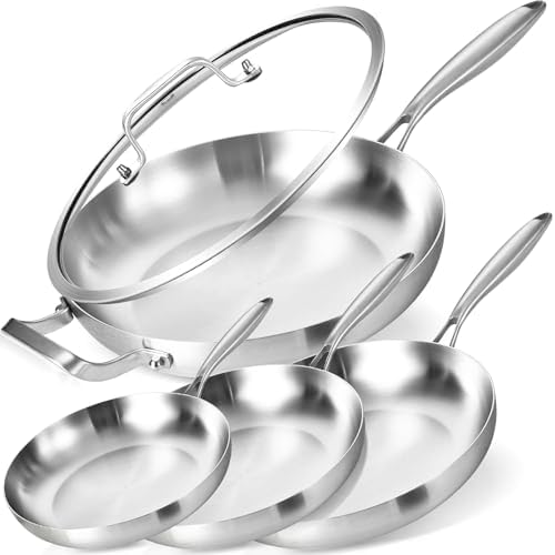 8-10-12-14'' Frying Pan Set with A Lid | Tri-Ply Stainless Steel Skillet by LolyKitch