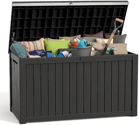 ROJIK Outdoor Storage Housing Deck Box - Waterproof Patio Furniture, Garden Tools, Cushions, Pool Accessories Storage Bench with Lockable Lid and Side Handles (Black, 200 Gal) by ROJIK