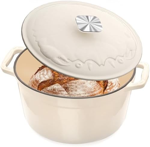 Enameled Cast Iron Dutch Oven - 5QT Dutch Oven Pot with Crab Lid & Oversized Knob & Ergonomic Handles - Heavy Duty Cookware for Braising, Stews, Roasting, Bread Baking - Cream White by DUTZUN