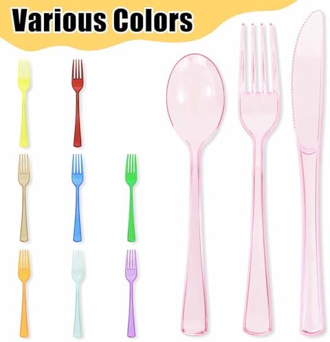 HEIPINIUYE 75 Pack Light Pink Clear Plastic Cutlery Heavy Duty Clear Pink Plastic Knives Forks and Spoons Disposable Silverware Set for 25 Guest Camping Birthday Baby Shower Party Utensil Set - Image 5