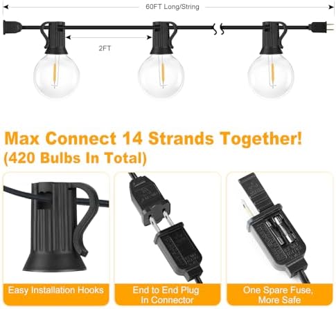 Bosceos 60FT Outdoor G40 LED Globe String Lights Dimmable - Image 6