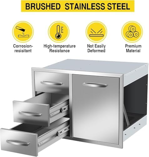 Outdoor Kitchen Drawer Combo Cabinet Outdoor Kitchen Stainless Steel Trash Triple Drawers For BBQ Island Grill Station (Drawer Combo-28Wx20.1Hx19.7D with Handles) - Image 4