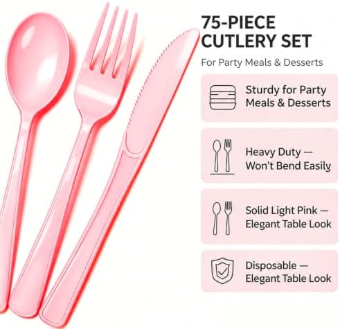 75 Pack Light Pink Heavy Duty Plastic Silverware Set, Disposable Knives, Forks & Spoons, 25 Sets for Birthday, Baby Shower, Camping, Picnic & Party - Image 4