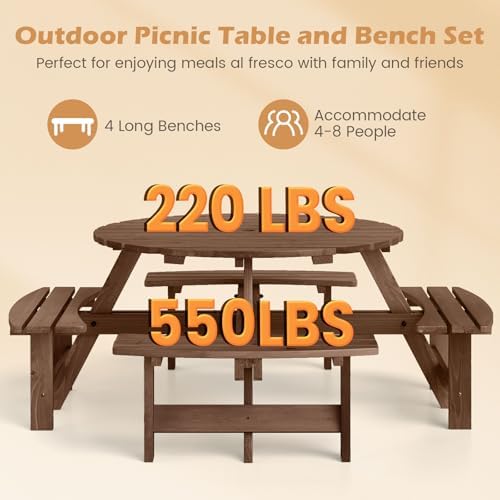 Giantex 8-Person Round Picnic Table Set with 4 Benches, 550 LBS Bench Capacity, 2" Umbrella Hole, Circular Outdoor Wood Dining Table & Chairs for Patio Yard Garden Porch Deck (71”x71”x28”,Brown) - Image 3