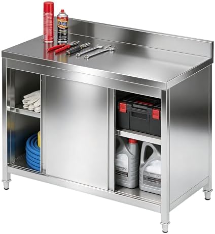 47" Stainless Steel Kitchen Worktable with Cabinet, 440 LBS Heavy Duty Commercial Prep Table with Sliding Doors & Adjustable Feet, Backsplash, for Restaurant, Home, Garage, Outdoor BBQ by Unknown