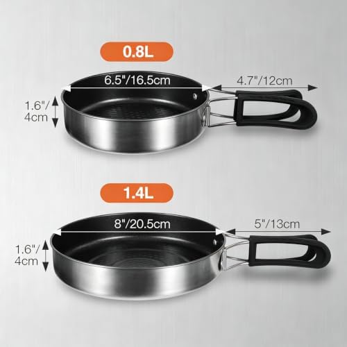 REDCAMP 2Pcs Nonstick Frying Pan Set, Stainless Steel Camping Skillet with Foldable Handle for Easy Storage, Lightweight Portable Cooking Pan for Egg Steak Outdoor Kitchen Backpacking - Image 2