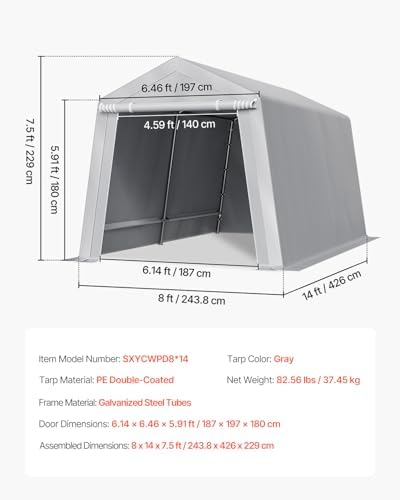 VEVOR Outdoor Storage Shed, 8 x 14 ft Portable Storage Tent with Roll-up Door & Vents, Waterproof Canopy Shed Shelter, Heavy Duty Frame, Patio Garage Carport for Motorcycle, Lawn Mower, Bike, Grey - Image 7