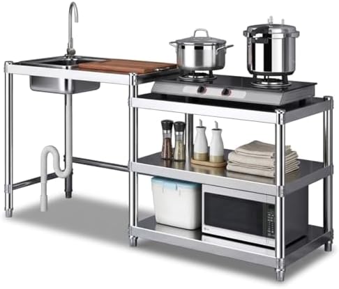 Stainless Steel Kitchen Prep Table with Sink, 3-Tier Multi-functional Washing Hand Basin Station, Utility Free-standing Work Table & Storage Shelves for Backyard BBQ, Garage, Garden by TOLBCLOH