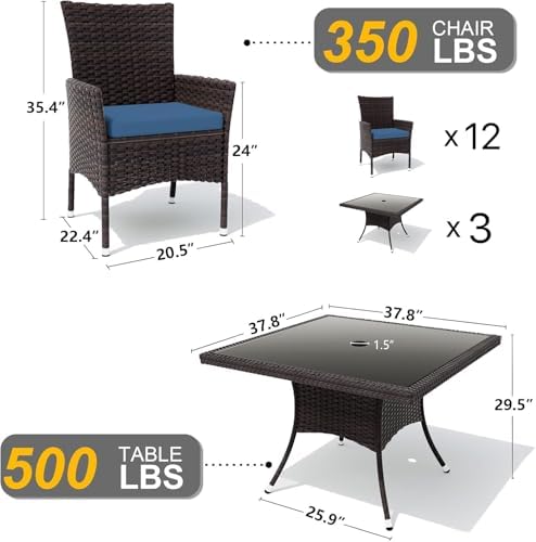 Gotland 15 Piece Outdoor Dining Set, All-Weather Rattan Patio Furniture Set with Umbrella Hole Tempered Glass Square Table, Outdoor Table and Chairs with Removable Cushions for Backyard, Deck Navy - Image 2