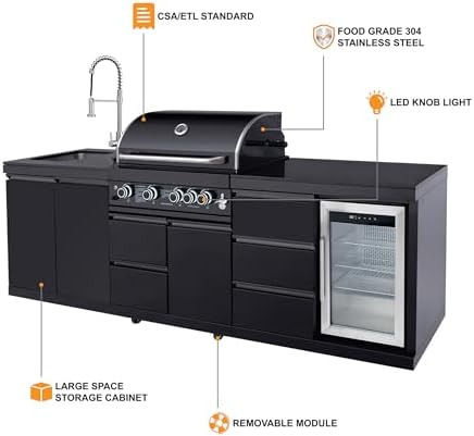 102.4 Inch Outdoor Kitchen Island, 4 Burner Propane Gas BBQ Grill 59500 BTU, 304 Stainless Steel Outdoor Grill Station with Sink, Refrigerator, Rotisserie, Storage Drawers & Cabinet, Black - Image 6