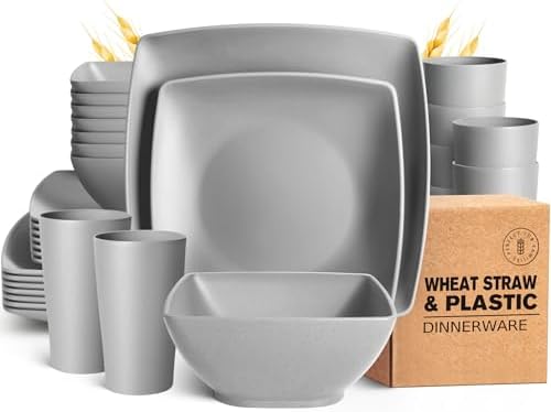 Teivio 32-piece Plastic Wheat Straw Square Dinnerware Set for 8, Unbreakable Dinner Plates, Salad Plates, Snack Bowls, Tumblers, Dishwasher Safe, Light Gray by Teivio