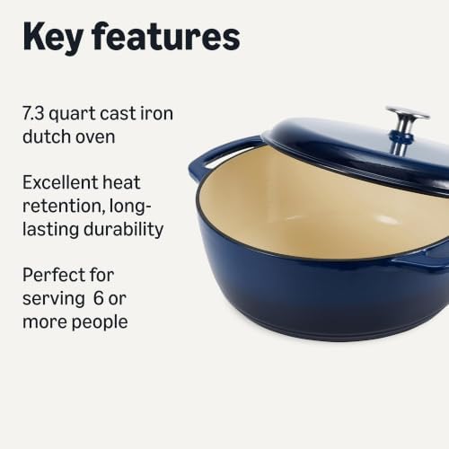 Amazon Basics Enameled Cast Iron Dutch Oven Pot With Lid, 7.3-Quart, Round, Dual Handles, Heavy-Duty, Oven Safe for Stews, Roasting & Baking, Navy - Image 2
