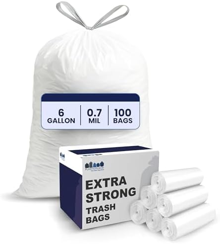 Plasticplace 6 Gallon Trash Bags White Drawstring Garbage Can Liners, 17” x 20”, 100 Count, for Bathroom Kitchen Office Car Small Trash Bags, Leak-Proof & Tear-Resistant by Plasticplace