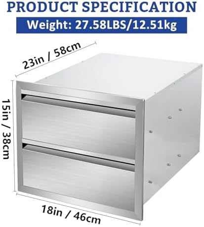 Outdoor Kitchen Drawers Stainless Steel Double Layer BBQ Drawers 18" W x 15" H x 23" D Flush Mount Built-in 2-Drawer for Outdoor Kitchen Island Patio Grill Station - Image 2