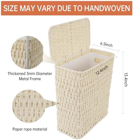 Coeusy 3 Gallon Paper Rope Bathroom Trash Can,Small Wicker Trash Cans with Lid and Liner,Woven Rattan Narrow Waste Basket for Bedroom,Office,White - Image 3