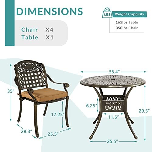 MEETWARM 5 Piece Patio Dining Set, Outdoor All-Weather Cast Aluminum Dining Table Set, Patio Furniture Set for Backyard, Include 4 Chairs with Cushions and a 35.4" Round Table with Umbrella Hole - Image 4