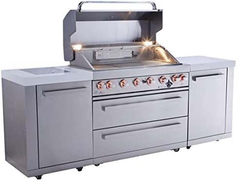 Mont Alpi Premium 94"W x 23"D x 46"H Stainless Steel Modular Outdoor Kitchen Island with Infrared Side Burner + 44"W 6-Burner BBQ Gas Grill + White Granite Countertops + Storage Cabinets & Drawers - Image 6
