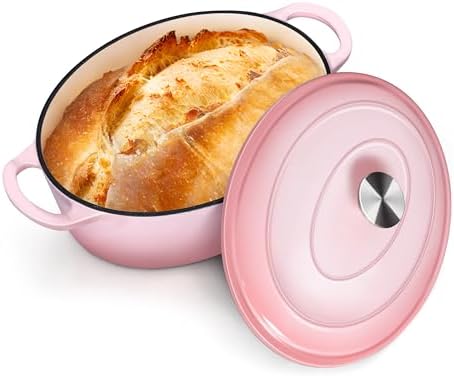P&P CHEF Oval Dutch Oven with Lid, Enameled Cast Dutch Oven Pot for Bread Baking, Braising, Stewing, Roasting, Non-Stick & Oven Safe, Dual Handles & Easy Clean, 7QT & Pink, Valentine's Day by PPCHEF