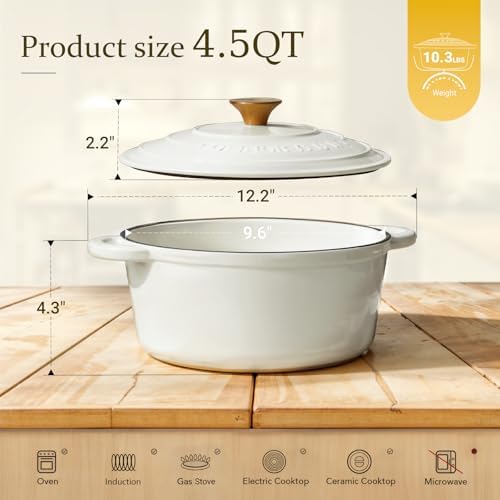 Overmont Enameled Cast Iron Dutch Oven - 4.5QT Pot with Lid Cookbook & Cotton Potholders - Heavy-Duty Cookware for Braising, Stews, Roasting, Bread Baking PearlWhite - Image 3