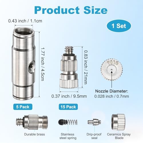 M METERXITY 20-Pack Brass Misting Nozzle Tee Kit, 0.7mm Orifice Dia. High Pressure Spray Misting Nozzle Head, Slip Connectors for 3/8 Inch Drip Irrigation Tubing Kit Outdoor [3/16" Threaded] - Image 3