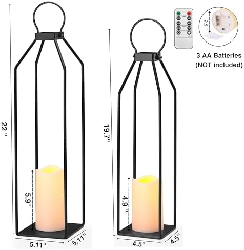 Perfnique Modern Farmhouse Lantern Decor, 19.7'' 22'' Set of 2 Black Metal Lanterns, 2 LED 6hr Timer Flickering Flameless Candles, Lanterns Decorative for Porch, Patio, Fireplace Mantle, Christmas - Image 3