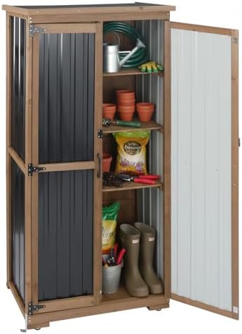 Outdoor Storage Cabinet with Shelves, Wood & Metal Storage Shed with Weatherproof Roof, Lockable Doors, Adjustable Feet, Outside Storage Cabinet for Garage, Patio (15.6" D x 32.3" W x 65.8" H) by MayugardeningPetfurniture