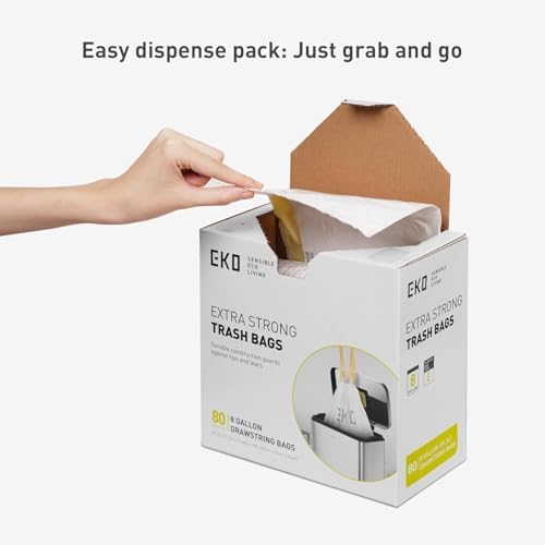 EKO Easy-Dispense Roll Extra-Strong Drawstring Tall Kitchen Trash Bag, 8-9.5 Gallon Trash Bag (30.3L-36L) White, Code E, 80 Count (Pack of 4) - Image 2